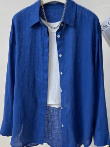 French Blue Linen Womens Shirt Spring Summer New Loose Versatile Slimming Cotton Linen Sun Protection Shirt Top