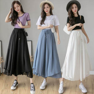 High Waist Wide Leg Pants Womens Student Style Loose Fitted Black Chiffon Trousers Nine Point Pants Female Fashion