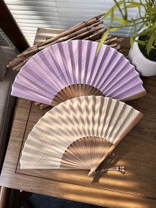 ZhiMo Classic Retro Style Fan Elegant Plain Khaki Portable Daily Use Fan Pure Color Fine Diagonal Stripe Cotton Linen Dyed