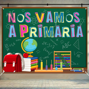 Spanish Primary School Backdrop "Nos Vamos A Primaria" Themed Green Chalkboard Background for Classroom Decor