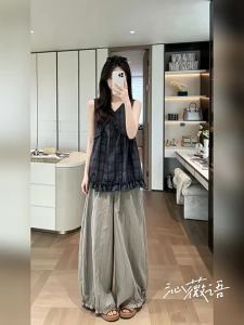 QINWEIYU | Bộ Đồ Thời Trang Áo Gile Carô Quần Ống Rộng