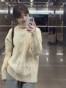 เสื้อสเวตเตอร์ถักสีแดง ทรงหลวม อบอุ่น สำหรับผู้หญิง ฤดูใบไม้ร่วง/ฤดูหนาว เสื้อชั้นใน เสื้อคลุมกันหนาว แฟชั่น ลำลอง คอกลม แขนยาว