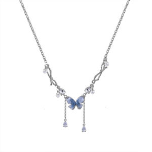 Butterfly Ice Blue Flash Diamond Necklace Womens Style Sweet Pearl Choker out Online Exclusive Non-Mall Same as Lemontree House
