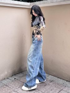 Quần Jeans Nữ Ống Rộng Dài Đến Sàn Kiểu Dáng Thẳng Cạp Cao Quần Dài Thường Ngày Màu Xanh Denim Có Nút