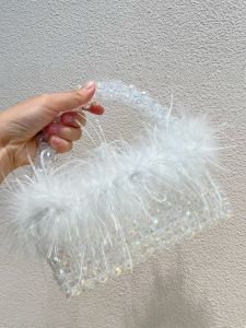 กระเป๋าถือผ้าฝ้ายทรงกลมขนาดเล็กสไตล์ฝรั่งเศส ดีไซน์ใหม่ ทำจากหยดน้ำ ปักลาย ประดับขนนก กระเป๋าแฟชั่นสำหรับงานวันเกิด