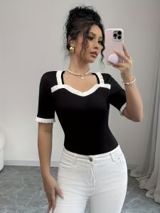 Womens summer T-shirt shoulder cut square neckline lace hem at the sleeves and hem knitted fabric color block design fitt