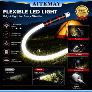 Aitemay 27cm Bendable LED Flashlight Stick | 800 Lumens High Brightness Work Light | USB-C Rechargeable | Waterproof & Hands-Free Portable Tool for Auto Repair Mechanics Job & Outdoor Activities