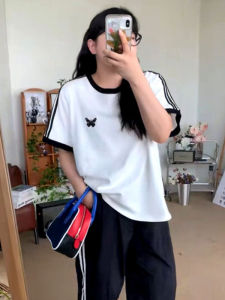 Summer Design Butterfly Embroidery Short Sleeve T-Shirt Womens Loose plus Size Conceals Belly Flattering Versatile Top