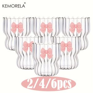 2/4/6pcs Bow Vintage Ripple Glass 350ml Decorative Iced Coffee Cup for Juice Beer Beverage Water Dessert Coffee Cup with Bow