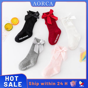 Christmas Toddler Baby Girls Bowknot Sweet Princess Socks Solid Color Cotton Knee Socks High Long Sock For 1-3 Years Old Striped Stockings (White/Pink/Red)