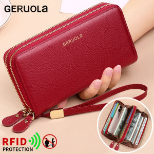 GERUOLA Genuine Leather Wallet with Wrist Strap - Anti-Theft RFID Blocking Zippered Coin Pocket Credit Card Slots & ID Holder