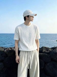 OUMULONG | Flax Knit Small Collar Mature Style Five Quarter Sleeve T-Shirt