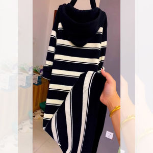 Elegant Knitted Long Dress High Waist A-Line Skirt Striped Pattern Hooded Neckline Korean Style Commute Fashion Autumn Wear