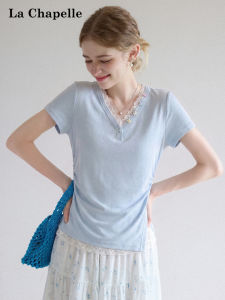 La Chapelle | Lace Splicing Wrinkle Design V-Neck Split Slim Fit Short Sleeve T-Shirt