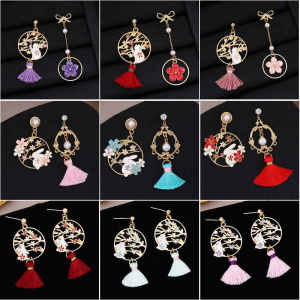 Silver Needle Chinese Style Retro Cat Ear Drop Oil Asymmetric Floral Fan Earrings Fashionable Asymmetrical Design Jewelry