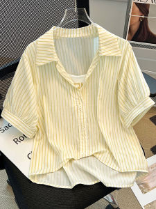 Big Sale Younger ~ Summer Fake Two-Piece Patchwork Stripes Short-Sleeved Chiffon Shirt Womens Stylish Western Style Chic Tops