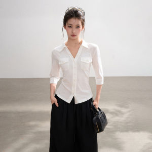 BAIDAIFEI | White V-Neck Short Sleeve Shaping Shirt