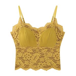 chaqi | French Lace Strap Vest Women 2025 Spring Summer New Retro Glossy Satin Inner Wear With Chest Pad Bra Base Layer Commute Style Pure Color