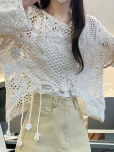 เสื้อถักแขนยาวลายดอกไม้สีพีชสำหรับผู้หญิงในฤดูร้อน เสื้อคลุมกันแดดทรงหลวม ดีไซน์ไม่สมมาตร ทรงสลิมฟิต เสื้อคอตั้ง