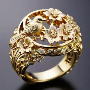 Huitan Gold Color Ring for Women Hollow Brid and Floral Engraved Design Aesthetic Nobel Wedding Party Animal Accessories Jewelry