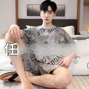 ผู้ชาย ฤดูร้อน น้ำหนักเบา ผ้าฝ้าย รู้สึกแขนสั้น กางเกงขาสั้น ชุด ลำลอง หน้าแรกสวมใส่ชุดนอนเยาวชนขนาดใหญ่สบาย ชุดนอน