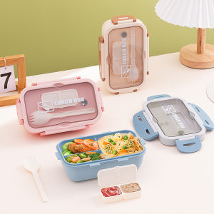 Microwave Safe Bento Box with Sauce Container Fork and Spoon