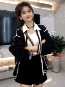 Black Patchwork Color Knitted Sweater Womens Casual Commute Style Spring New Arrival Versatile Long Sleeve Cardigan