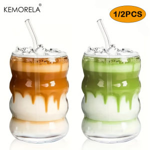 1/2PCS Glass Coffee Cups with Straws 380ML High Borosilicate Ripple Shaped Vintage Drinking Glass Matcha Cup for Water Tea Juice