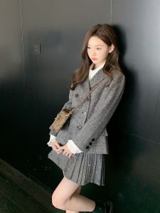 Coolline Linzixi Paris Grey Private School Flower 2.0 Bộ Đồ Đôi Ngực Áo Khoác Xếp Ly Mini Váy Set Nữ Biểu Diễn Thời Trang