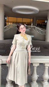 Đầm thiết kế BEMINE cổ trụ phối viền nơ đính cúc dáng chữ A phù hợp đi làm-B171