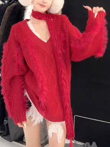 เสื้อสเวตเตอร์คอวีถักนิตติ้งสไตล์ฝรั่งเศสสำหรับผู้หญิง ฤดูใบไม้ร่วง/ฤดูหนาว แฟชั่น หลวมๆ นุ่มๆ เสื้อตัวบน สวมใส่สบาย