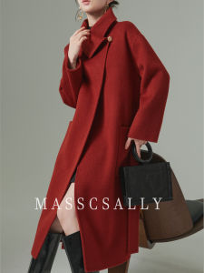 MASSCSALLY | High-End Red Double-Face Camel Wool Long Women Coat With Belt