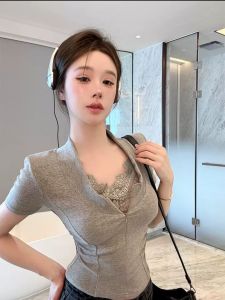V-neck lace bottoming shirt top new elastic slim fit top pure desire short-sleeved T-shirt
