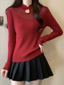 เสื้อถักแขนยาวสีแดงสำหรับผู้หญิง ฤดูใบไม้ผลิและฤดูใบไม้ร่วง ไซส์ใหญ่ เสื้อเชิ้ตคอวีแบบสวมหัว ผ้าฝ้ายผสมโพลีเอสเตอร์