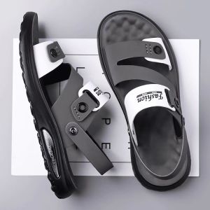 Summer New Breathable Casual Leather Beach Sandals Anti-slip Soft Bottom Water-friendly Dual-use Outdoor Mens Slip-On Slippers