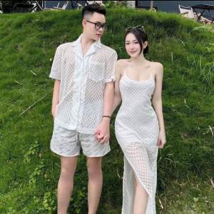 Set cặp sơmi nam phối váy maxi 2 dây chất ren lưới (có 3 màu đen trắng nâu)