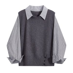 Early Autumn 2025 Womens Knitted Vest Long Sleeve Striped Shirt Waist Cinching Design Fake Two-Piece Top Commute Style Korean Version