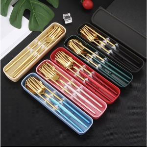 Thick Material Chrome Coated 304 Stainless Steel Reusable Spoon Fork Chopstick Portable Travel Set Cutlery Box (Free Carier Holder)