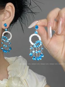 Heavy Industry Design Blue Tone Waterdrop Tassel Zircon Earrings Luxury Sensation Drop Earrings Fashionable Jewelry Accessories