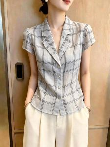 KUNAILIN | Checkered V-Neck Short Sleeve Womens Shirt