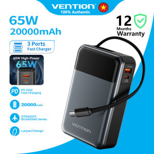 Vention 20000mAh 65W Sạc Dự Phòng - Dây Type-C Tích Hợp - Sạc Laptop Nhanh - Màn Hình Số LED - Dây Treo Tiện Lợi - Sạc 3 Thiết Bị Cùng Lúc - Đạt Chuẩn Lên Máy Bay