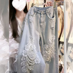 American High Street Design Heavy Embellished Flower Hole Denim Jeans Loose Vintage Wide Leg Pants Summer Hot Girl Casual