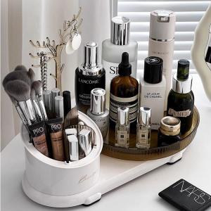 Desktop 360 Rotating Makeup Storage Box Brush Holder Comb Table Perfume Tray Rectangular Single Layer Pet Material