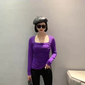 AMMIN 2024 Autumns new simple square collar fashion diamond design long sleeve T-shirt Womens Korean style casual ruffled waist design large size elegant blouse