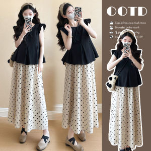 XIXIJIA | Summer Trendy Fashion Pregnant Maternity Set Short Sleeve Top with Polka Dot Skirt