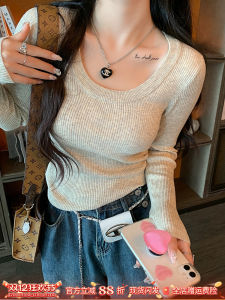 เสื้อสเวตเตอร์ถักแขนยาวคอต่ำทรงเข้ารูปสำหรับผู้หญิงในฤดูหนาว เสื้อชั้นในทรงเข้ารูปคอต่ำแขนยาวแฟชั่นใหม่