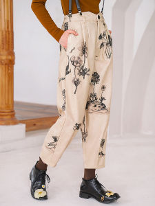 Original 2024 Design Retro Style Small Footed Pants Full Print Versatile Slimming Long Trousers Cotton Natural Waist Casual Pants