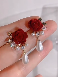 Fashion Red Rose Earring Velvet Retro Flower Earrings Earrings Pearl Pendant Wedding Bridal Earrings