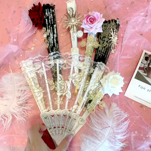 Lolita Gothic Fan Victorian Female Lace Hand Fan Vintage Black White Red Rose Bamboo Fans Cosplay Halloween Party Supplies Lolita Costume Accessories Dance Wedding Party Decor