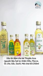 Dầu ăn dặm cho bé Thuyền Xưa nguyên liệu hạt tự nhiên (Oliu Macca Óc chó Gấc Sachi Mè) chai 65/250ml